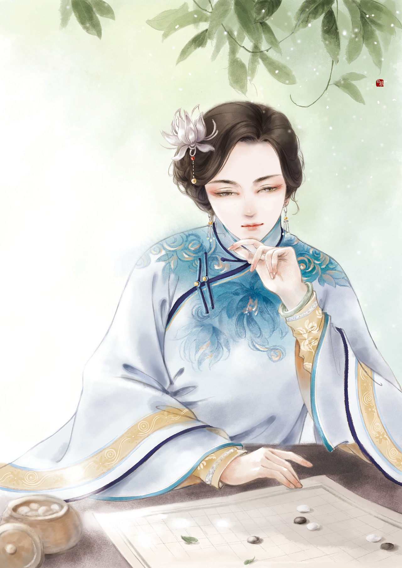 清朝满族妇女虽然穿旗装,但民间的女子仍然可以保留汉族的服饰传统,多以明朝服饰为多。袖口和衣摆出会加上越来越多的滚边,既美观亦显富贵。