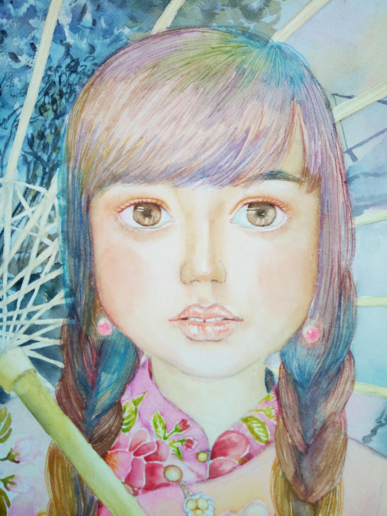 纸本水彩插画《撑伞的小女孩》