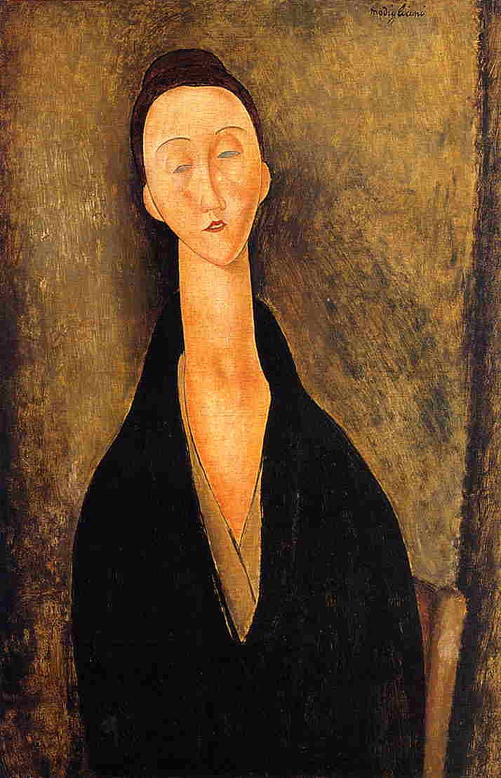 《系黑领带的女子》莫迪利亚尼所描绘的肖像有着统一的造型模式:如同