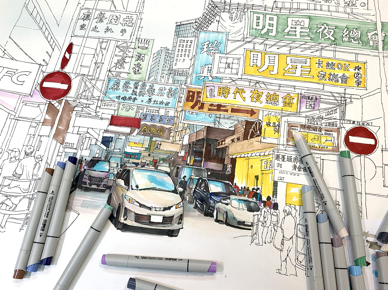 马克笔手绘《香港街景》