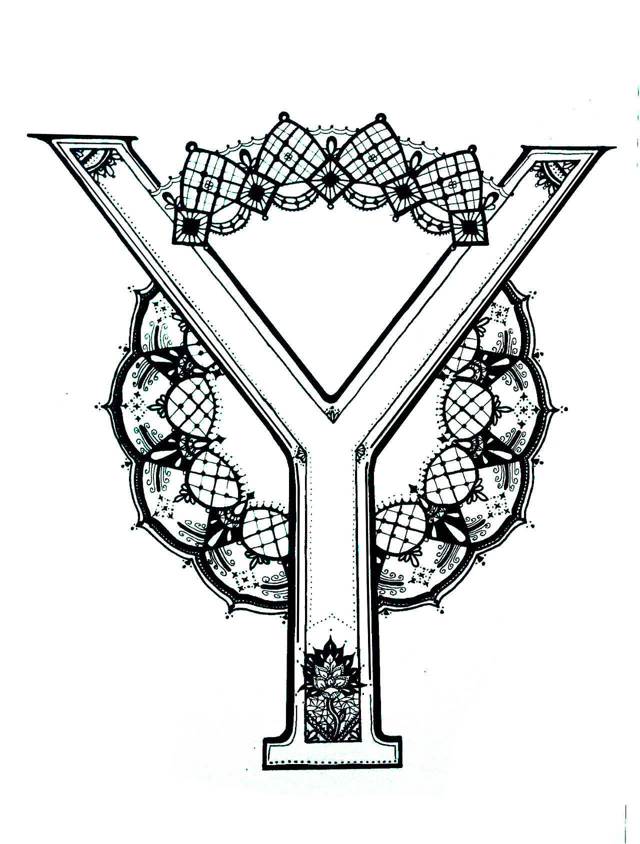 黑白蕾丝风格图案字母y设计水笔手绘涂鸦zxb