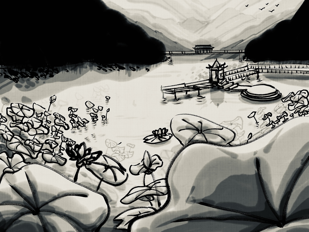 水墨荷亭