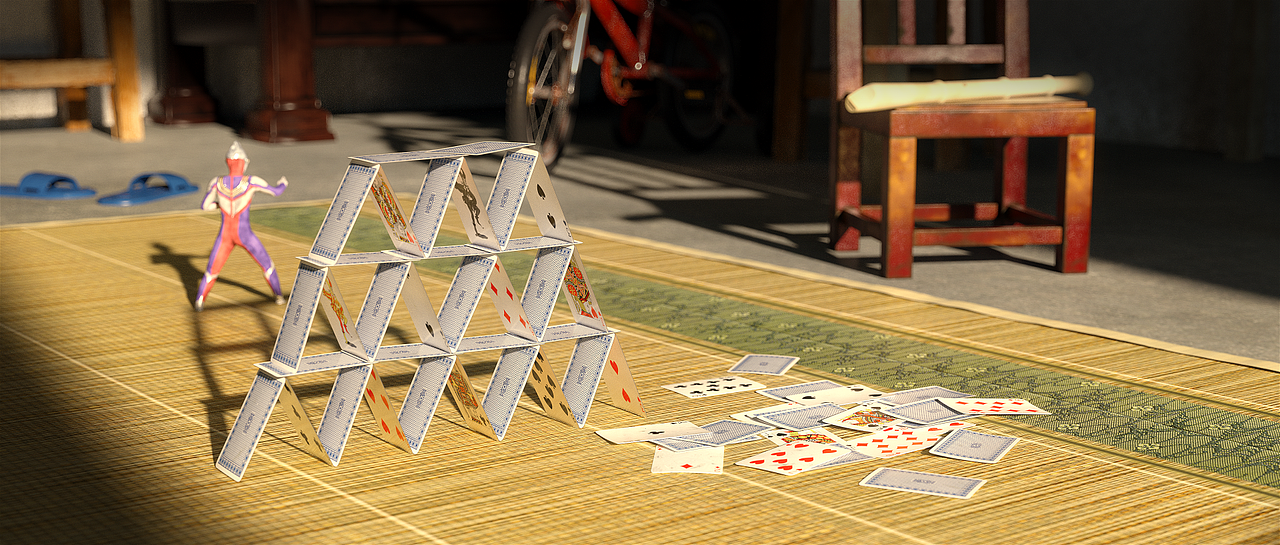 在地上堆扑克牌