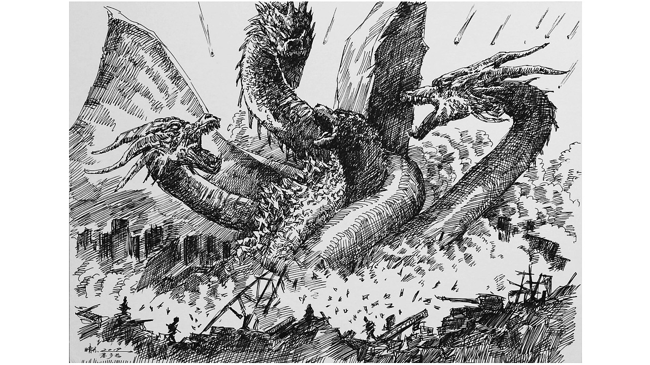 哥斯拉大战基多拉手绘图片