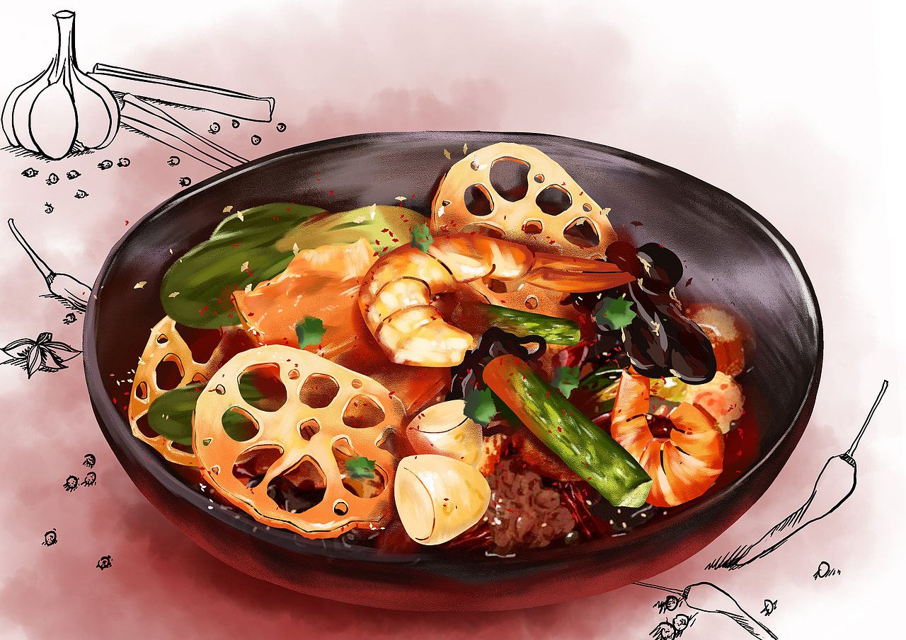 手绘食物餐饮插画麻辣香锅（图ZMjI4ODQwNDIw） - 商业插画 - 站酷设计师筱妮儿原创素材 - 站酷ZCOOL