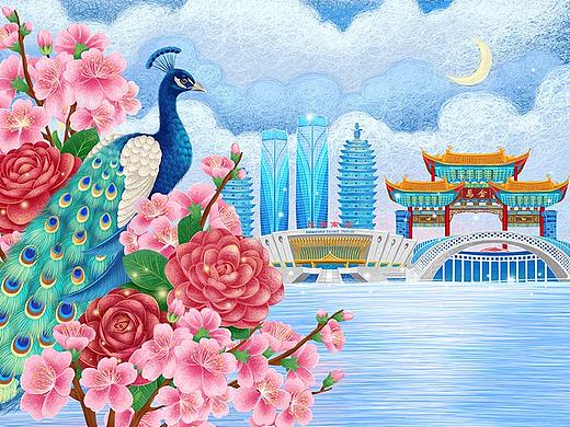 线圈插画春日城市明信片—云南昆明