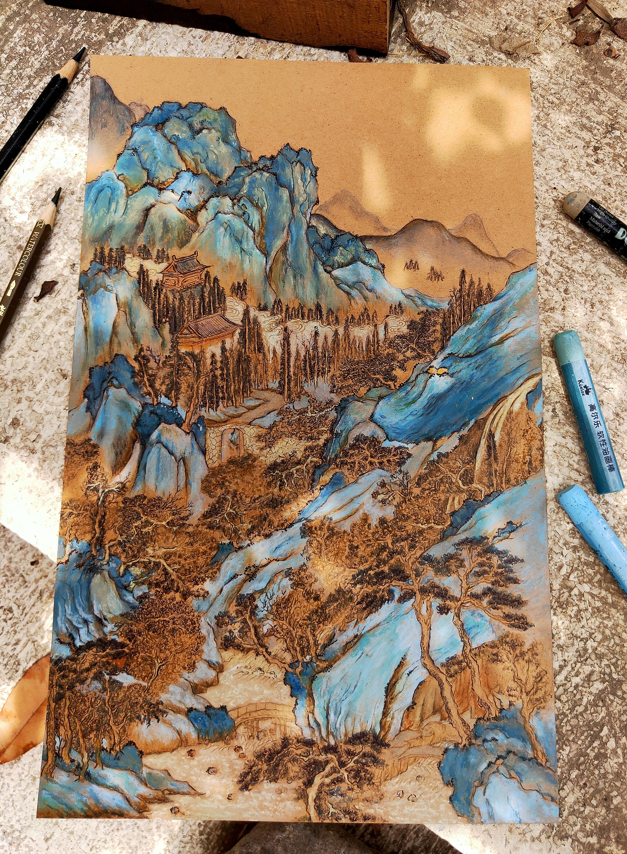 手绘【油画棒】青绿山水《飞岚叠翠》