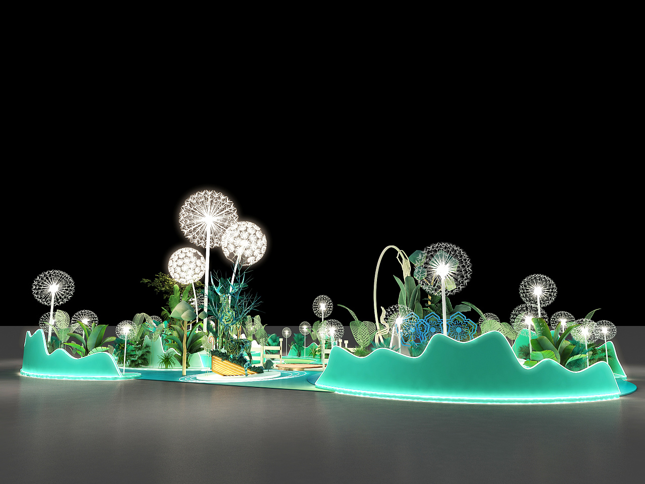 3d效果图绿色森林美陈拍照打卡区设计