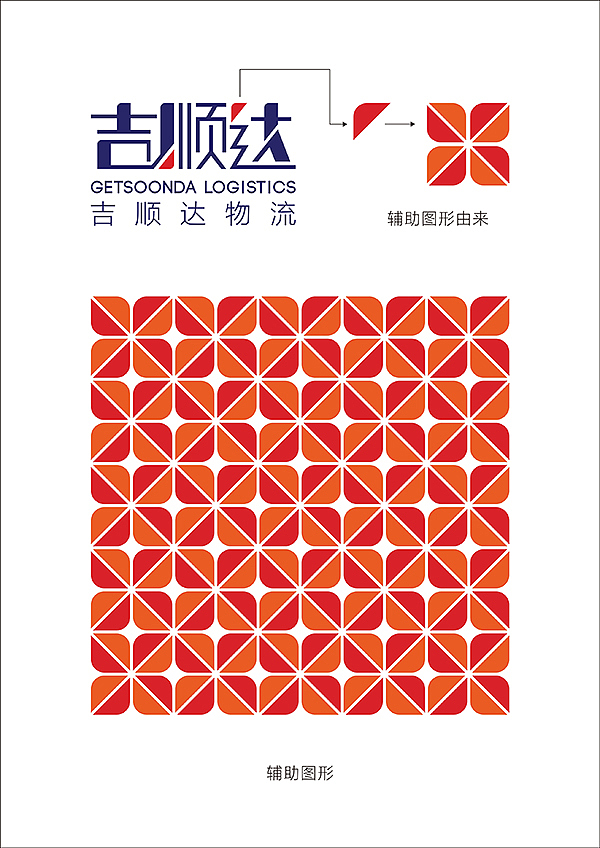 提取标志中的一点构建辅助图形,一组辅助图形向两个风车交替,多个辅助图形组成的图像有点,有线,体现物流运输四通八达,网络覆盖全面。