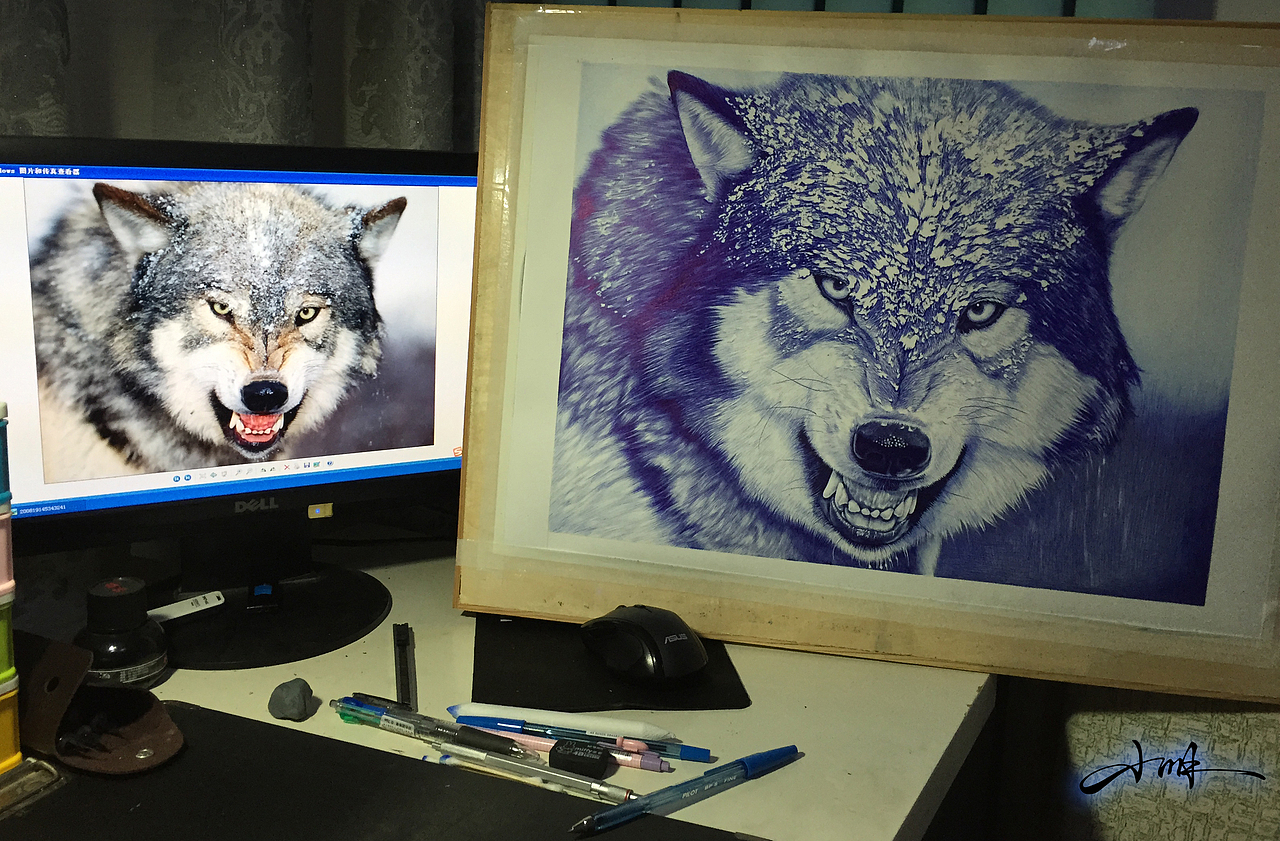 圆珠笔四开狼一只