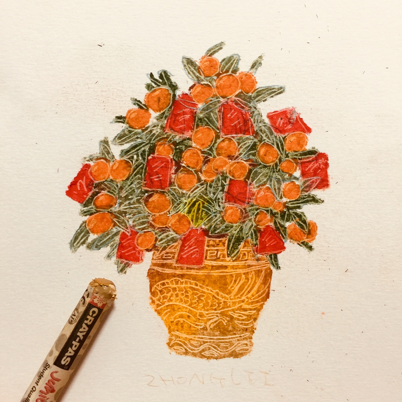 手绘油画棒小桔子