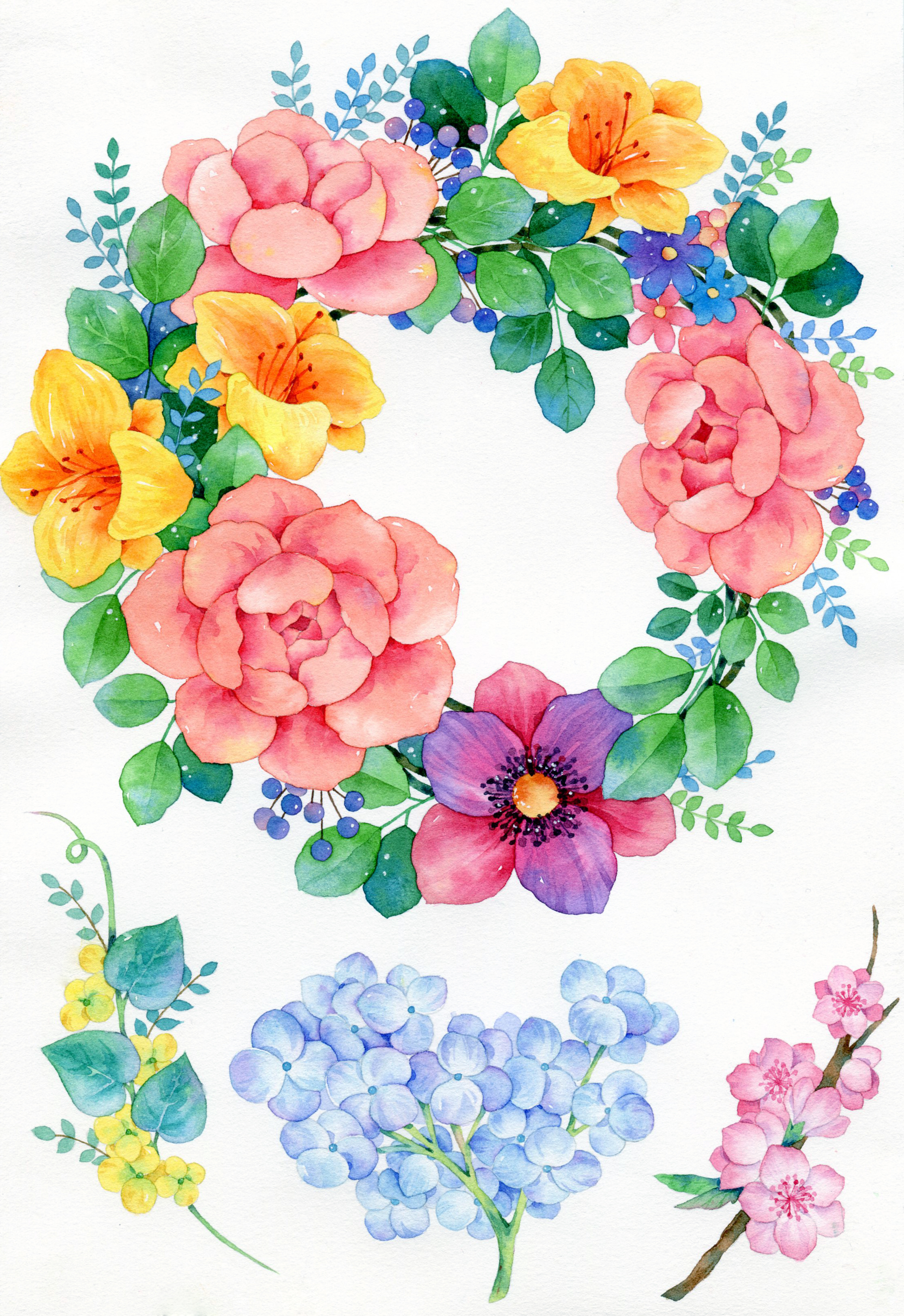 水彩花环