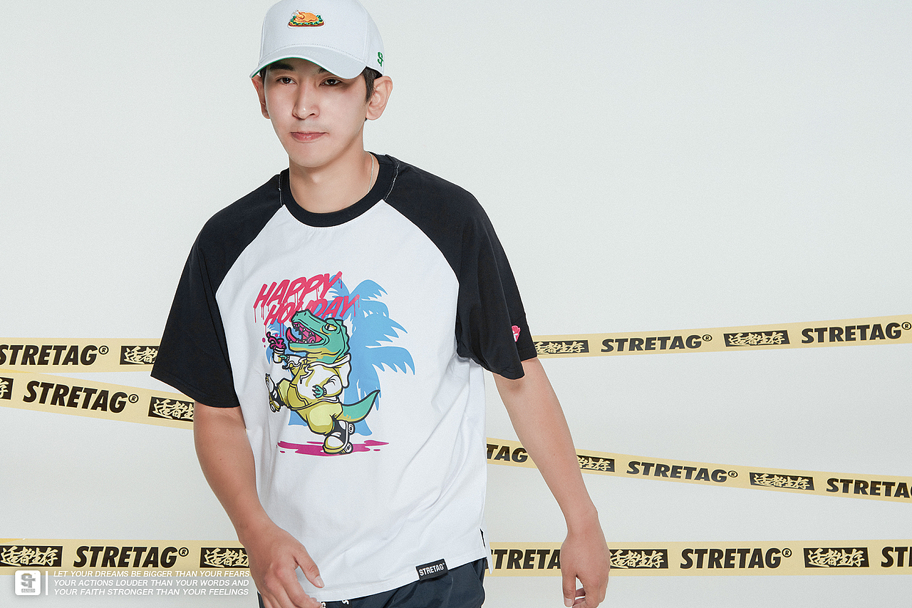 STRETAG夏季新款圆领恐龙插画黑白拼色休闲宽松半袖（图ZOTA3MzkwMDg=） - 休闲/流行服饰 - 站酷设计师STRETAG思锐泰格原创素材 - 站酷ZCOOL