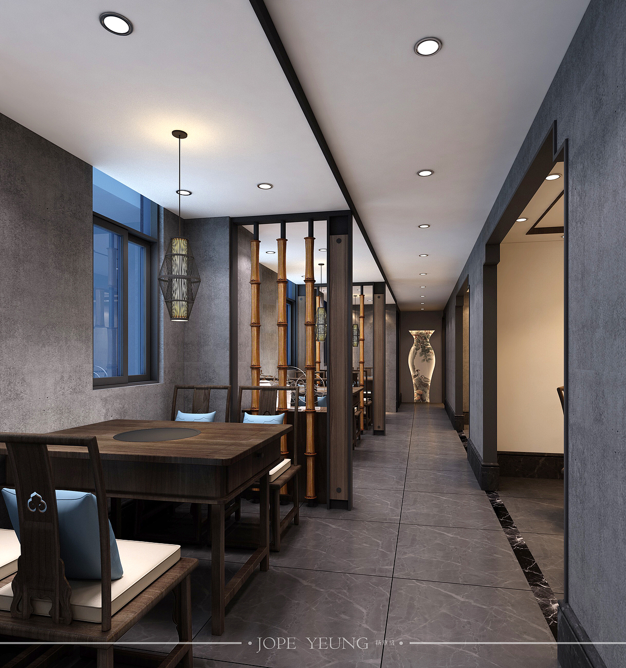 过道除了是必有的动线流动机能外,也可创造视线转移间不同的框景,远望具有虚实写意。