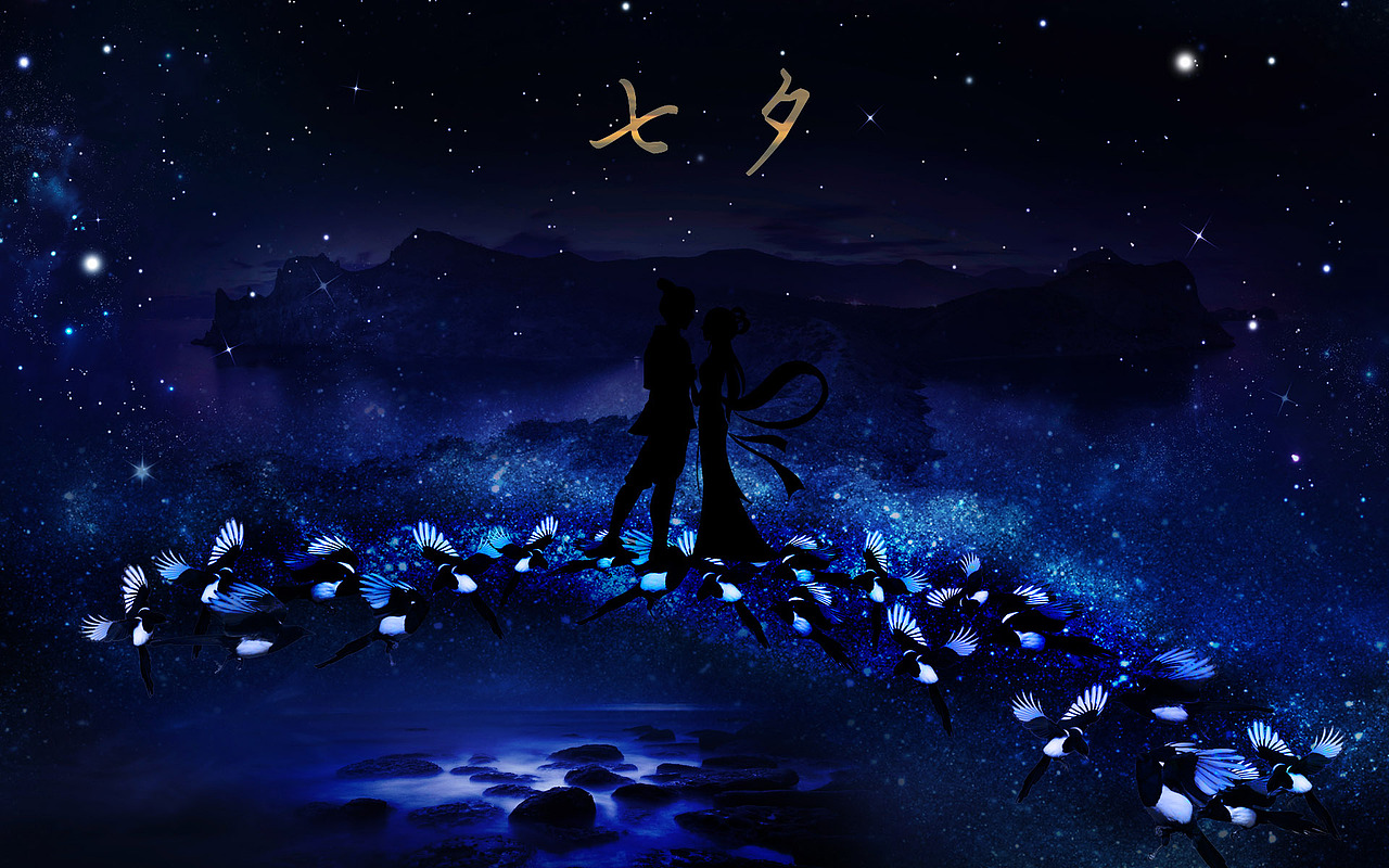 七夕唯美夜空喜鹊桥上的牛郎织女