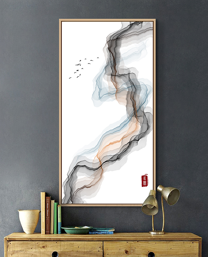 新中式中国风艺术抽象线条水墨山水玄关背景墙装饰画