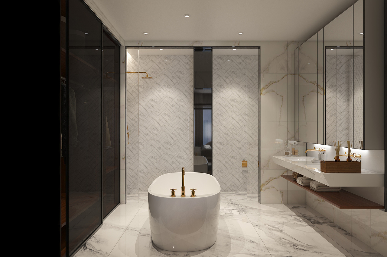 巧妙利用功能区域的重叠,使用频率不高的浴缸虽然看似有损面积使用效率,实则却将卧室由衣帽间过渡到洗手间,将原本三个略显局促的区域打通,形成一个更为舒适宽阔的隐秘空间。