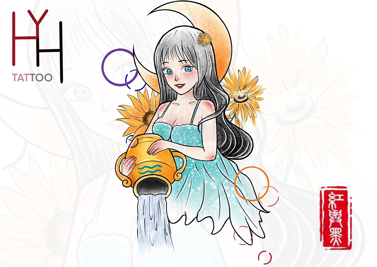 水瓶座纹身手稿|插画|商业插画|红与黑书画工作室_原创作品-站酷zcool