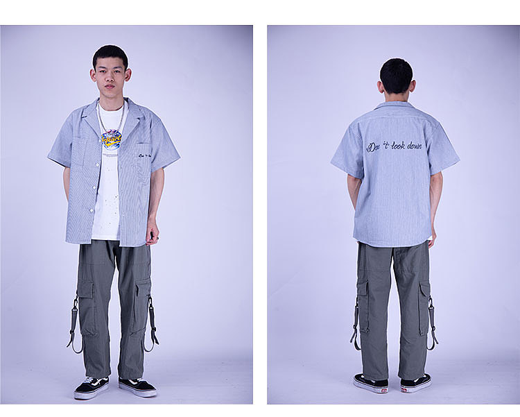 国货潮牌短袖条纹男刺绣衬衫外套休闲日系潮流情侣装