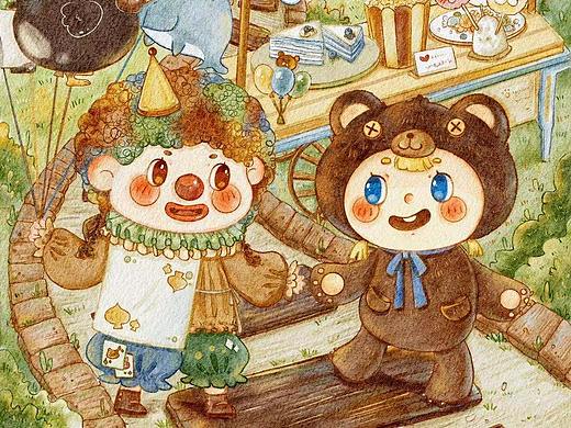 儿童插画 | 游乐园 小丑和小熊的友谊