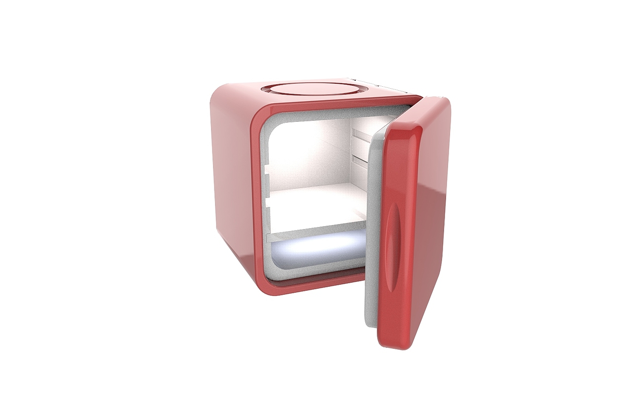 小正方体的单个冰箱内部。内部并不大,但是存放的物品都被良好冷藏着。内部分上下层,有隔板分开。隔板可取出,也可以多放,但是最多只能放三个隔板。