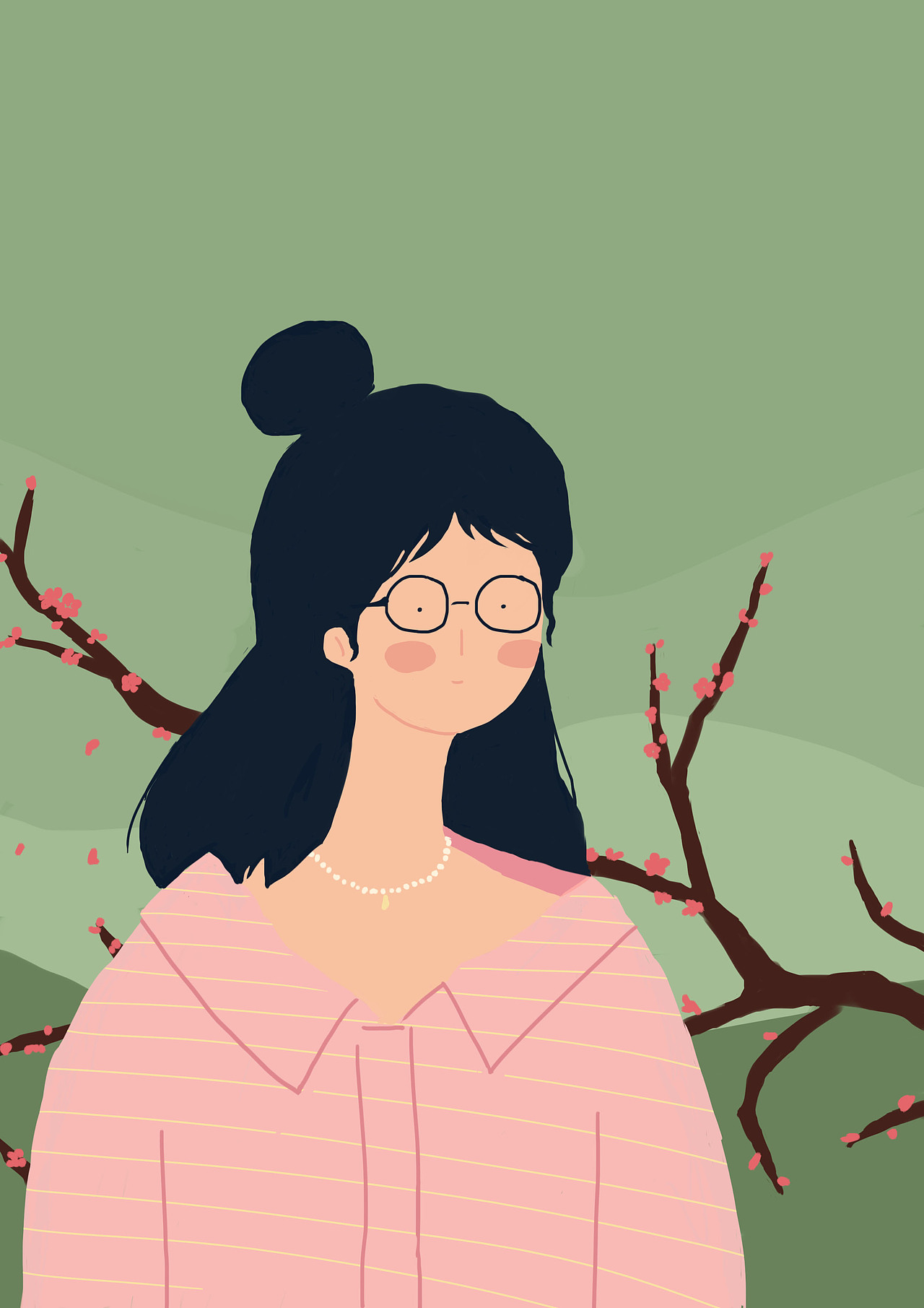 手绘插画植物女孩人物