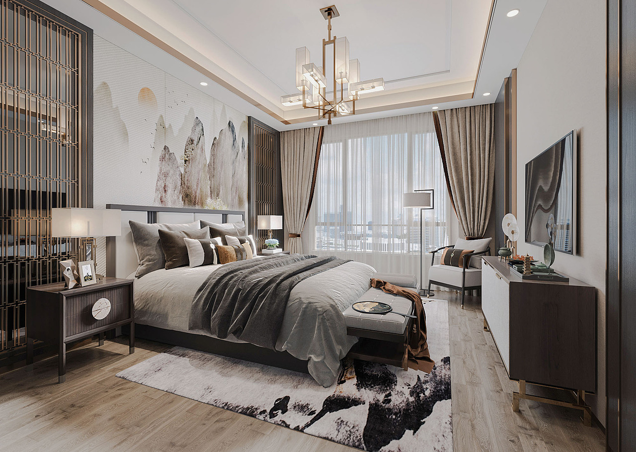 新中式卧室效果图（图ZMjcxMTcxMjQw） - 家装设计 - 站酷设计师东晋全案设计原创素材 - 站酷ZCOOL