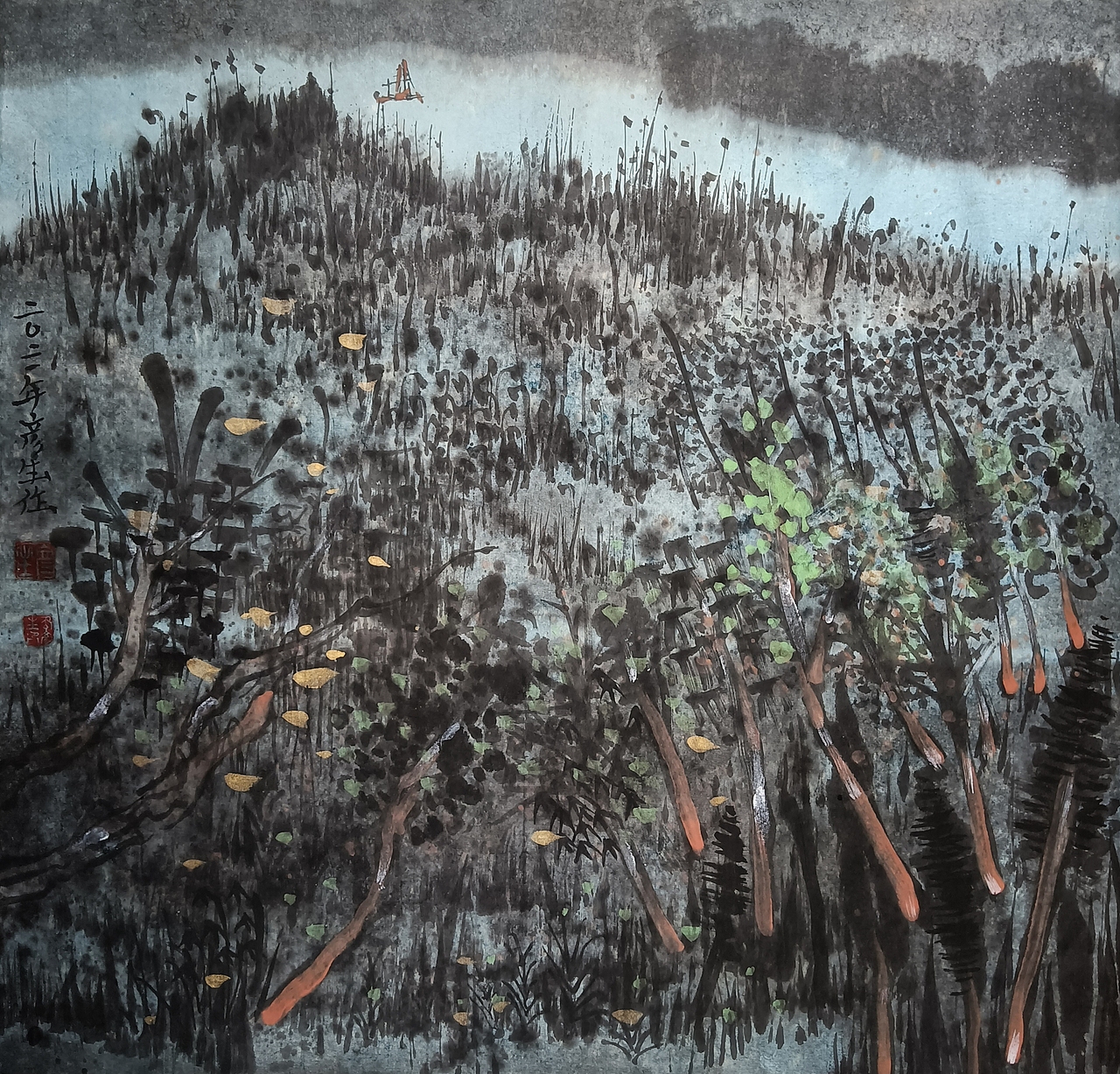 《万顷岚光里》宣纸设色,软片,135*35厘米