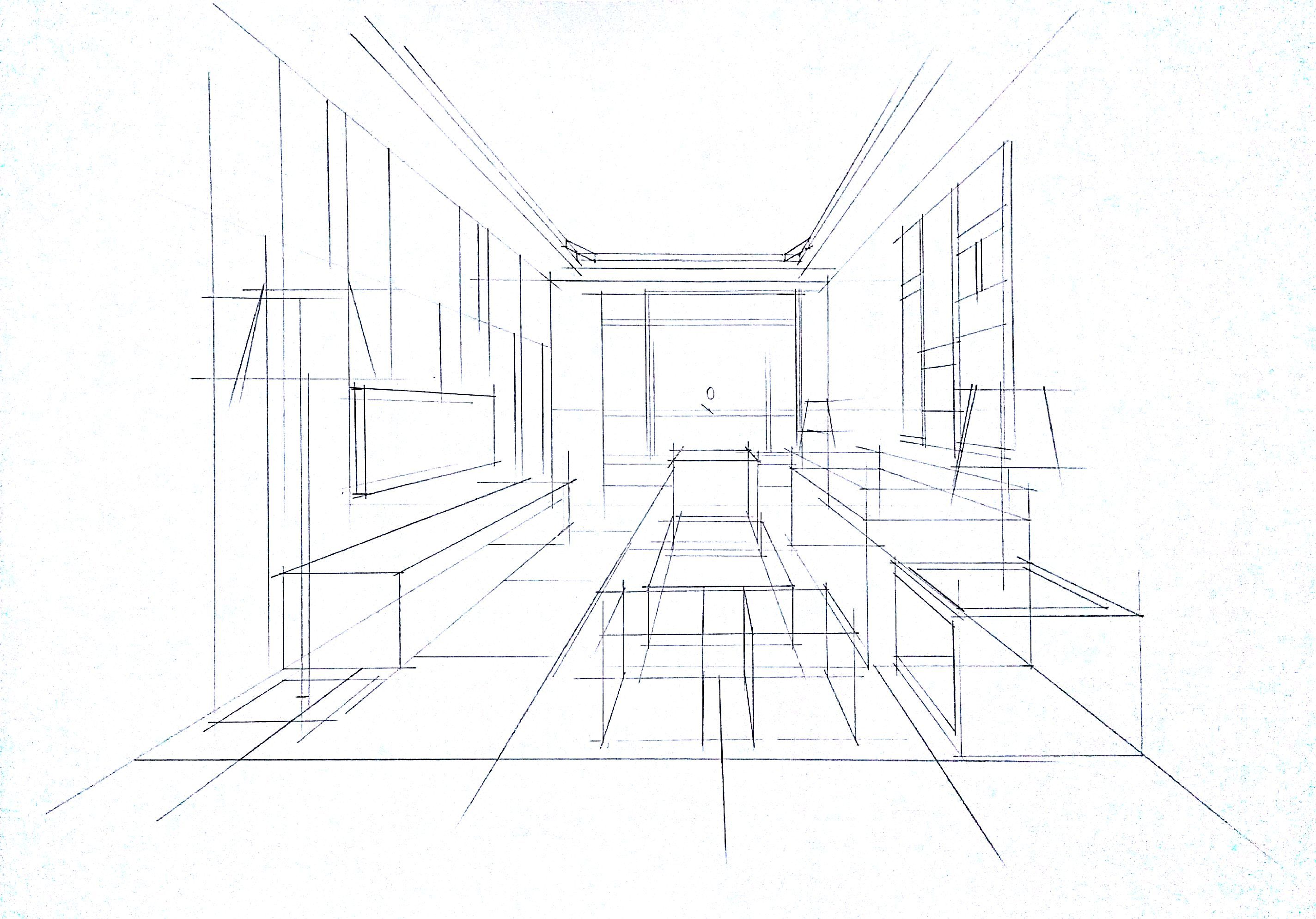 客厅空间一点透视黑白效果绘制步骤图