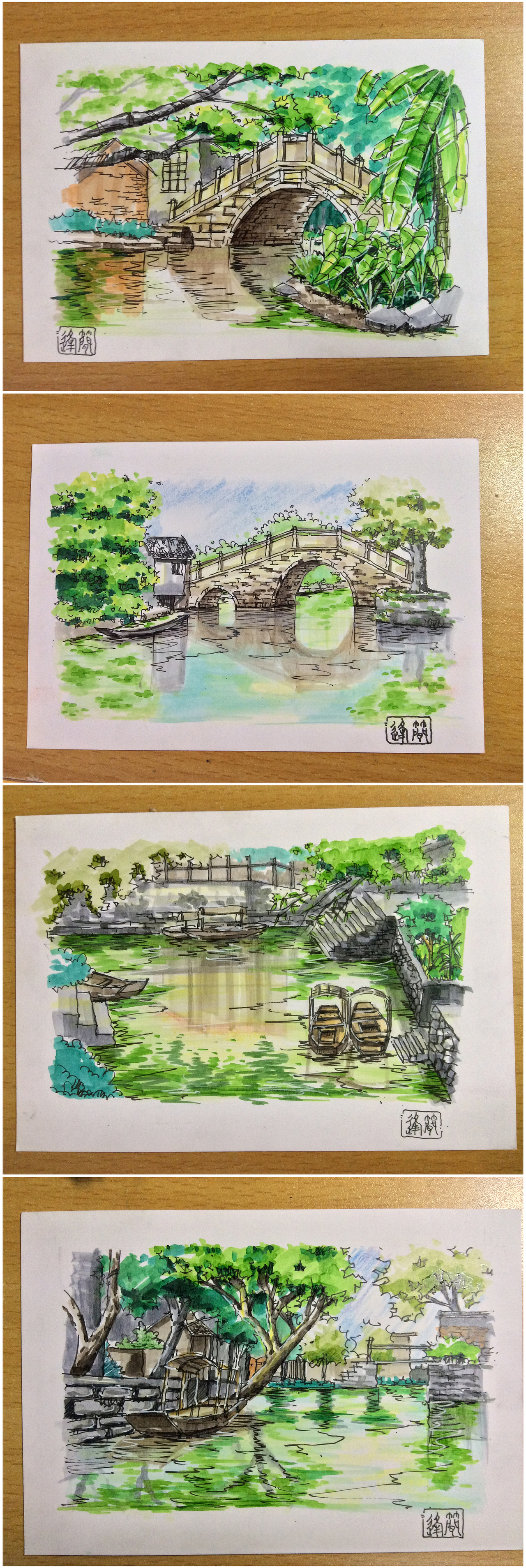 逢简水乡手绘明信片作品