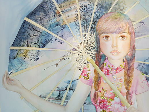 纸本水彩插画《撑伞的小女孩》