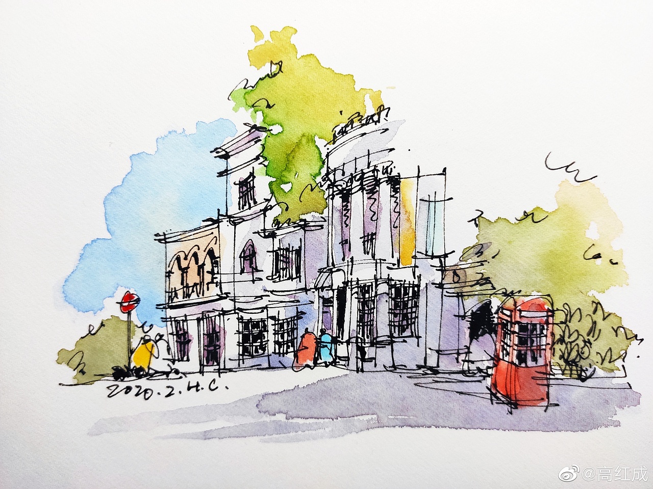 钢笔淡彩建筑风景速写