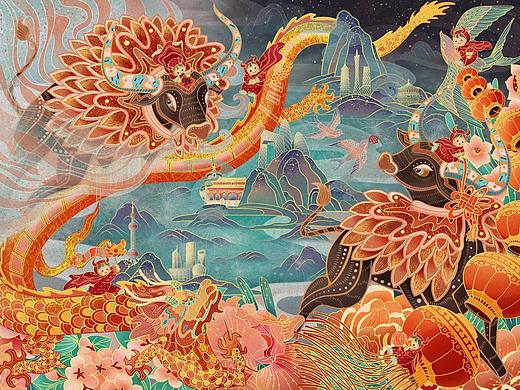 2021牛年新春贺岁国风插画《牛运亨通》