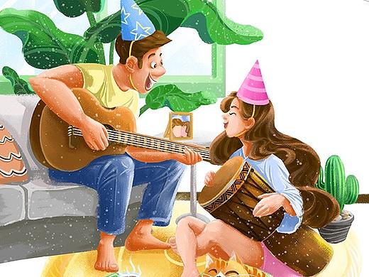 青年男女在客厅里弹琴唱歌