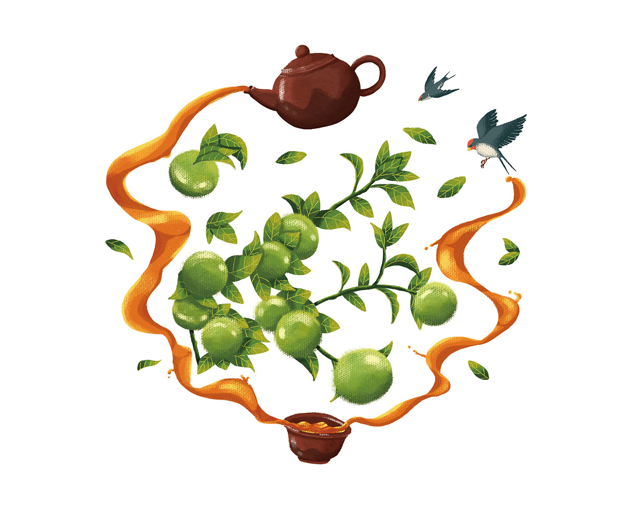 这幅插画的表达:茶壶,柑茶,茶杯,青柑树和