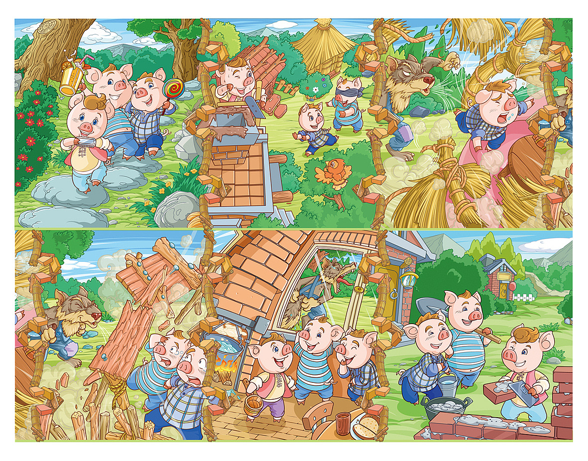 出口的拼图产品-童话插画《三只小猪》草稿