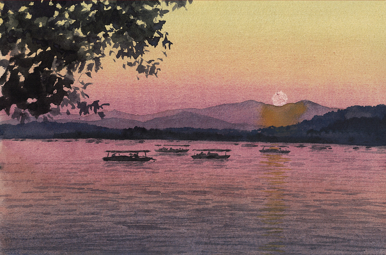 西湖美景水彩画大图图片