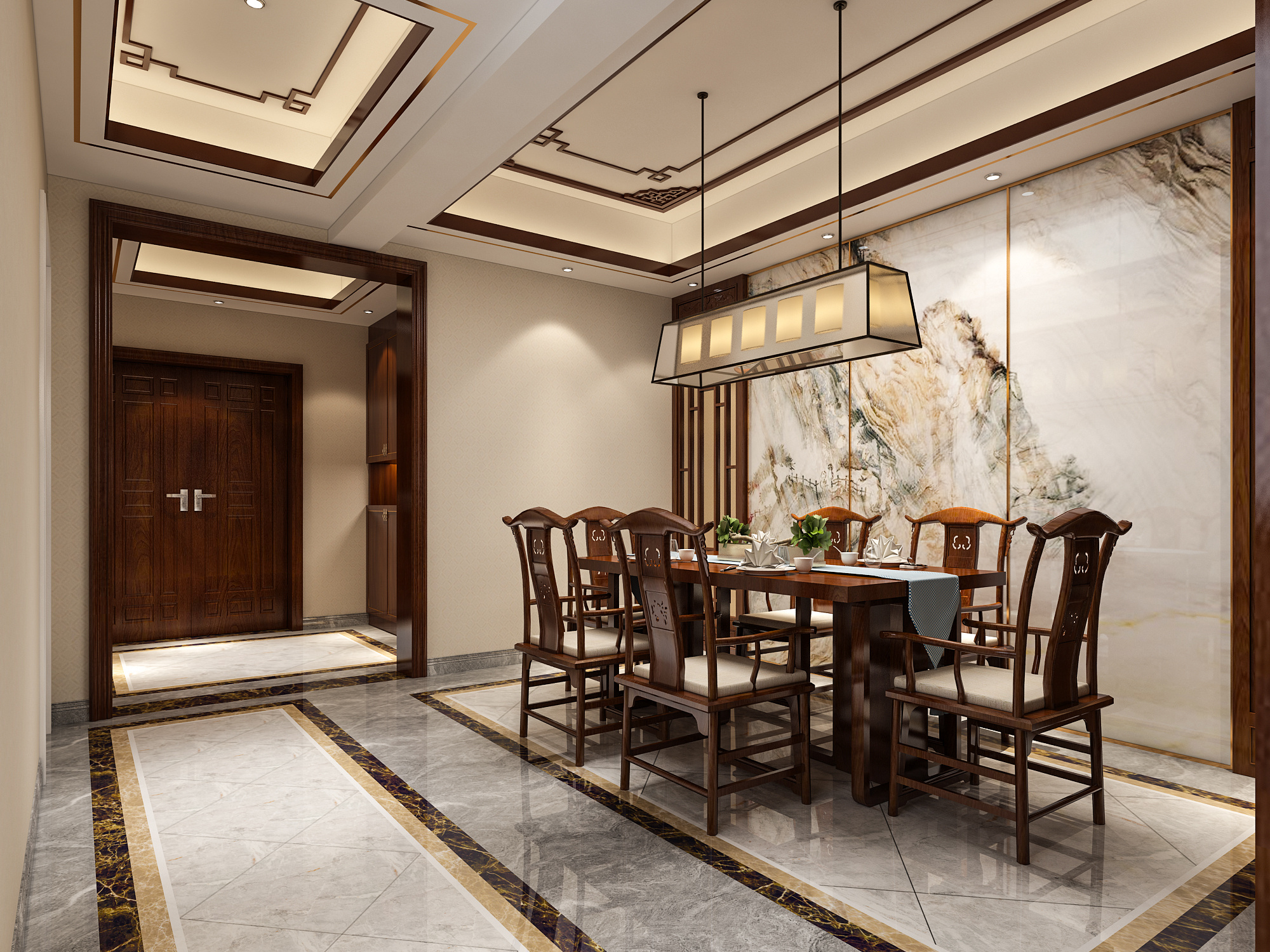 新古典主义中式餐厅家具效果图 – 设计本装修效果图