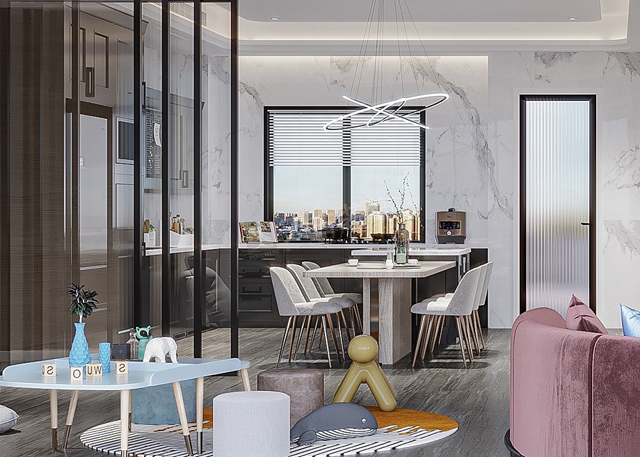 客厅亲子活动区与会客区相邻,亲友畅谈之时也能随时关注孩子的动向。色调温馨,材质柔软舒适,更为空间增添了几分柔美质感。