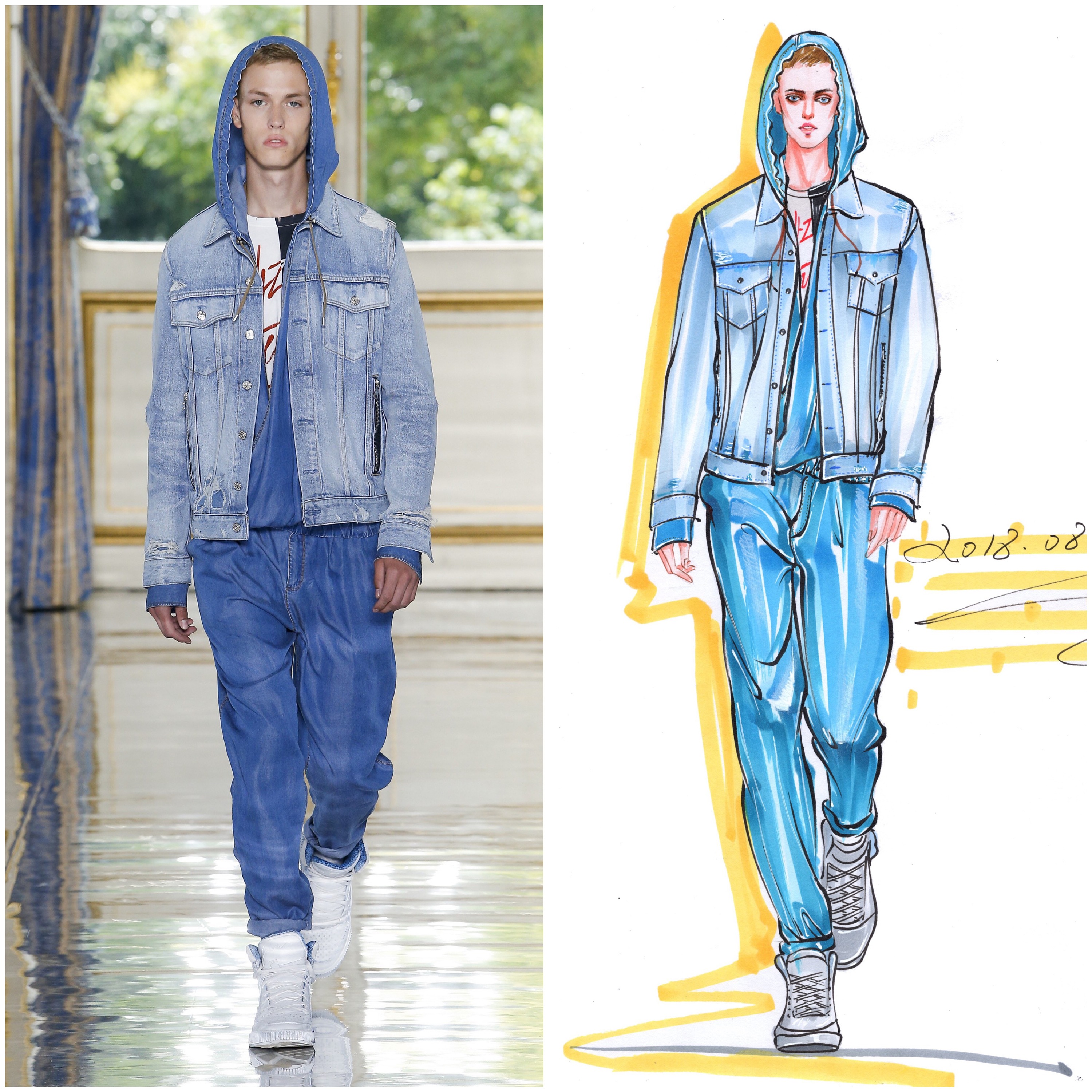 考试时装画～牛仔面料质感表达|服装|正装/礼服|零一手绘 - 原创作品