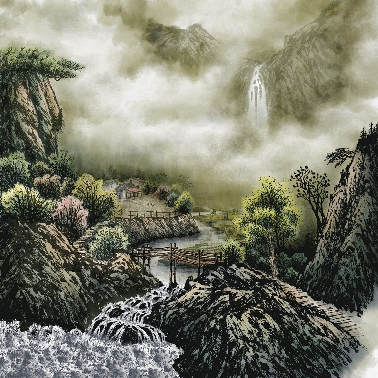 ps板绘彩墨山水画 雨后春韵 染尘