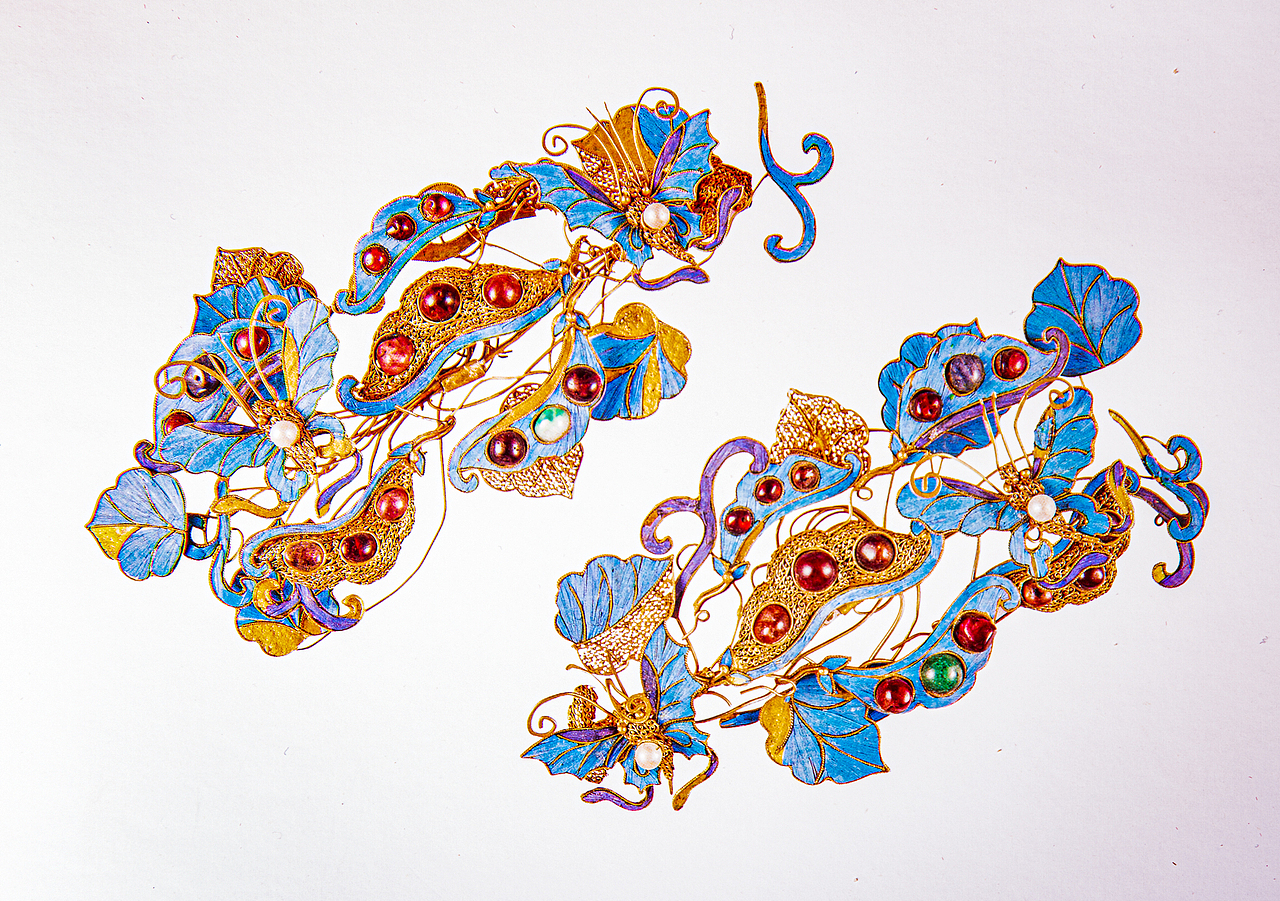 传承国宝之美银镀金嵌珠宝扁豆蝴蝶纹簪