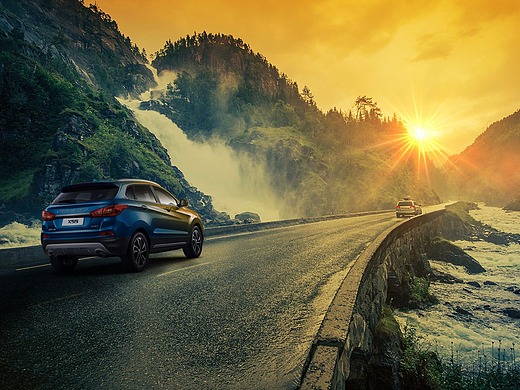 北汽汽车x55 夕阳 瀑布海报创意海浪 路面 国庆 旅游