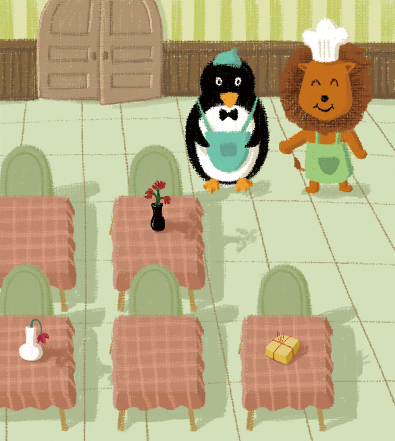 在明天的试稿,绘本插图,狮子与企鹅球球的