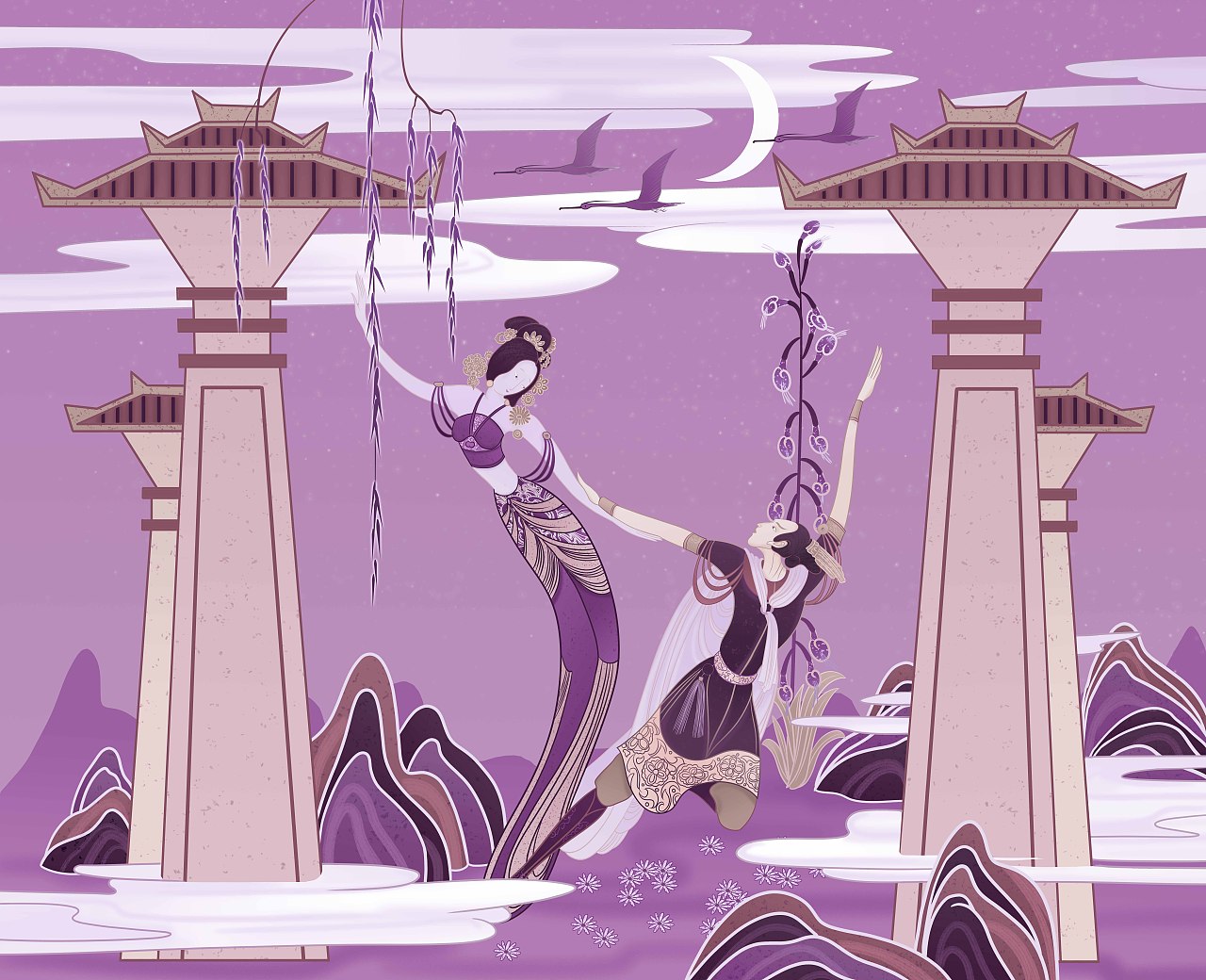 古风商业插画 古风酒品包装插画 汉代画像石艺术风插画