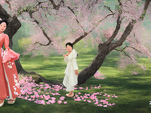 #AI创作实验室#在一棵树飘落花瓣的桃花树下，一头龇牙