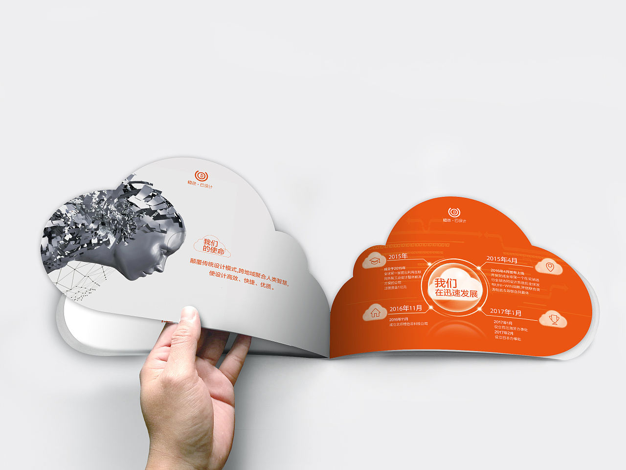 设计是以云的造型为设计元素,异形画册,整体设计风格新颖,以科技云