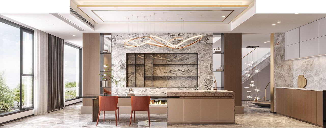 ▼多功能区
<br>多功能区的背景柜与电视背景一体化设计，合理利用空间。