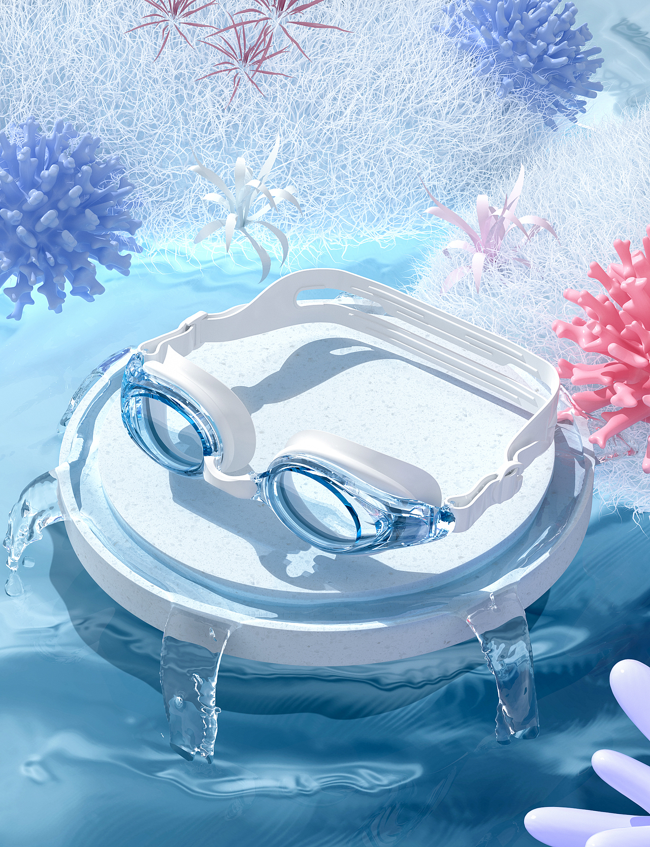 游泳配件泳镜、泳帽渲染