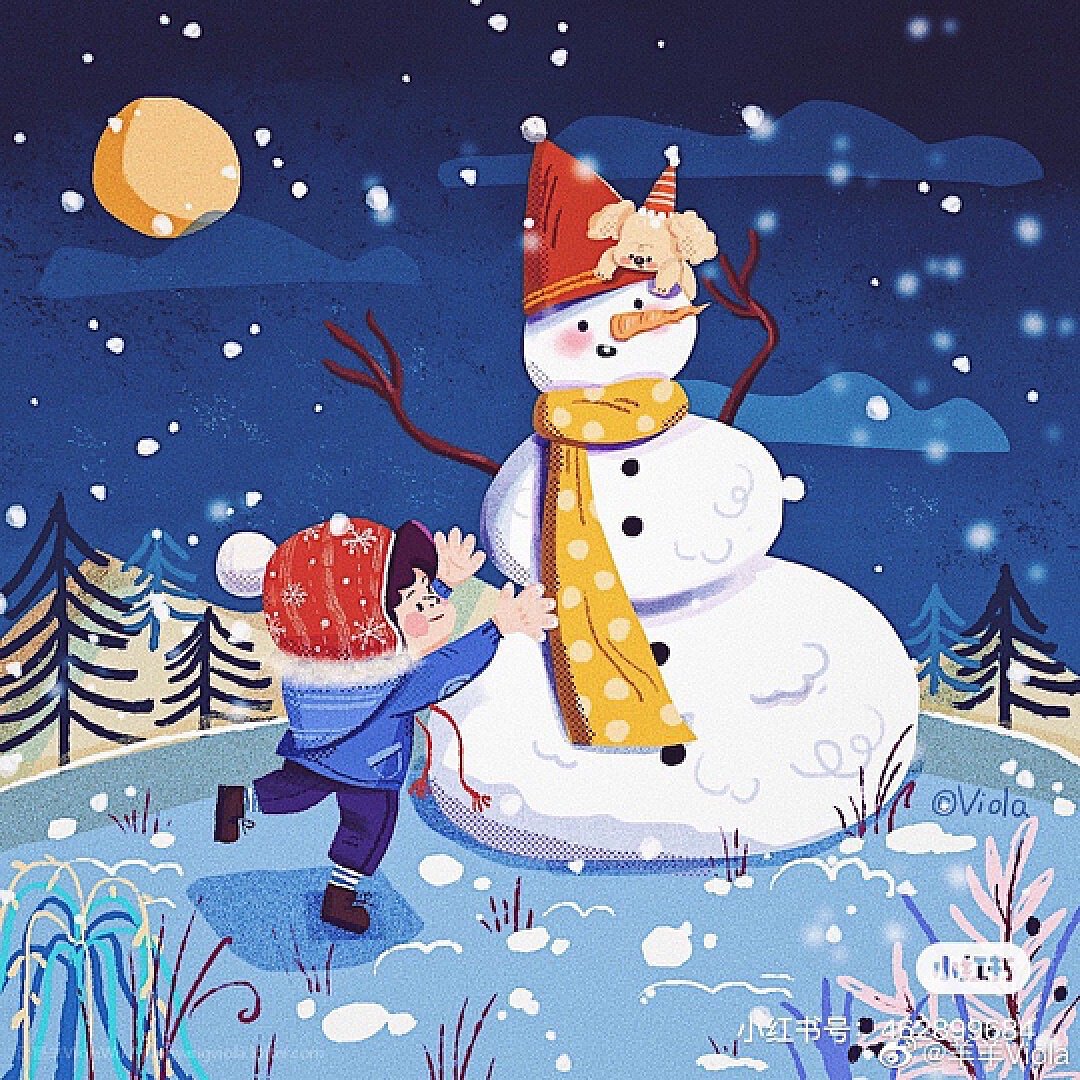家人冬天雪中堆雪人插画图片-千库网